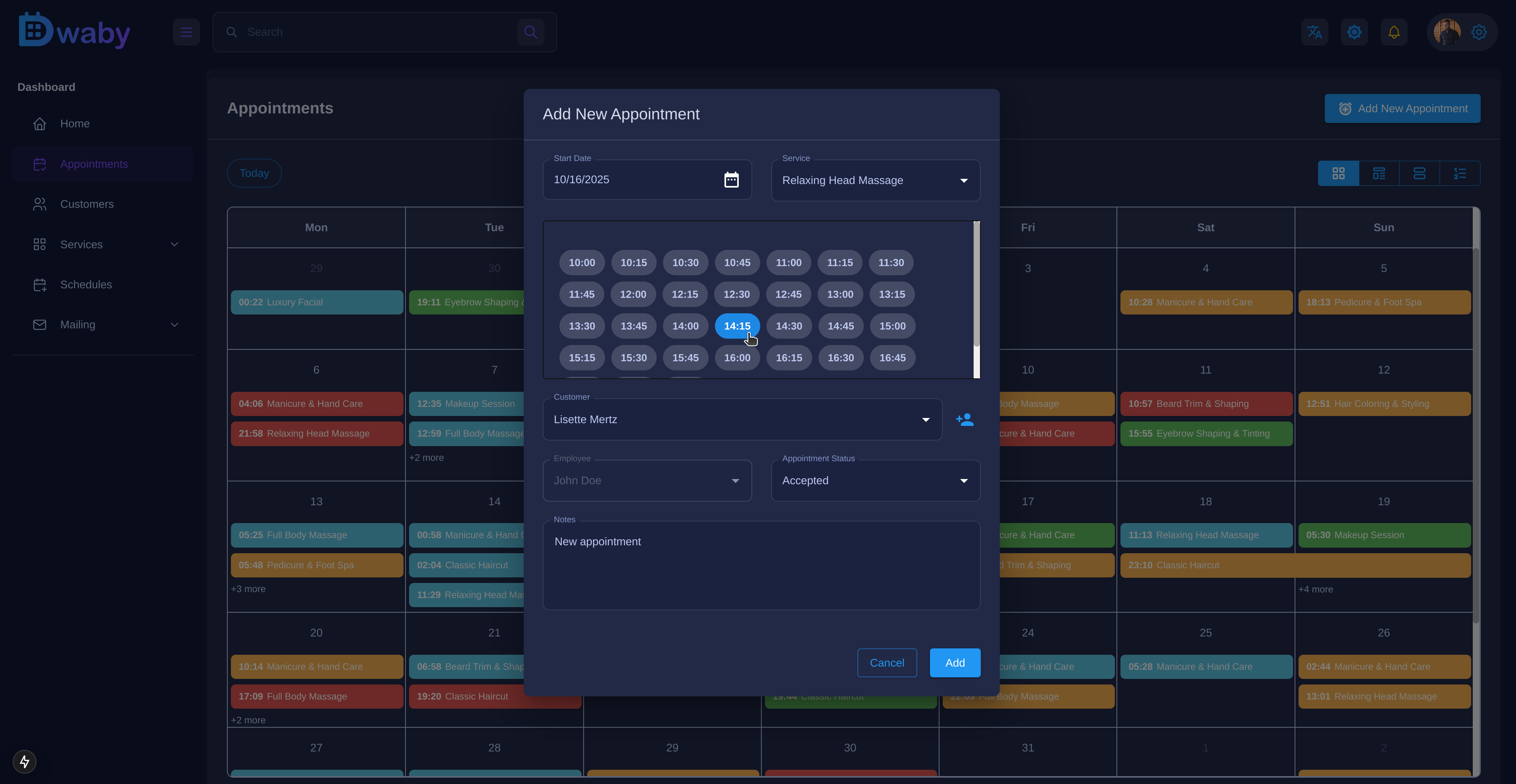 DWABY create appointment form