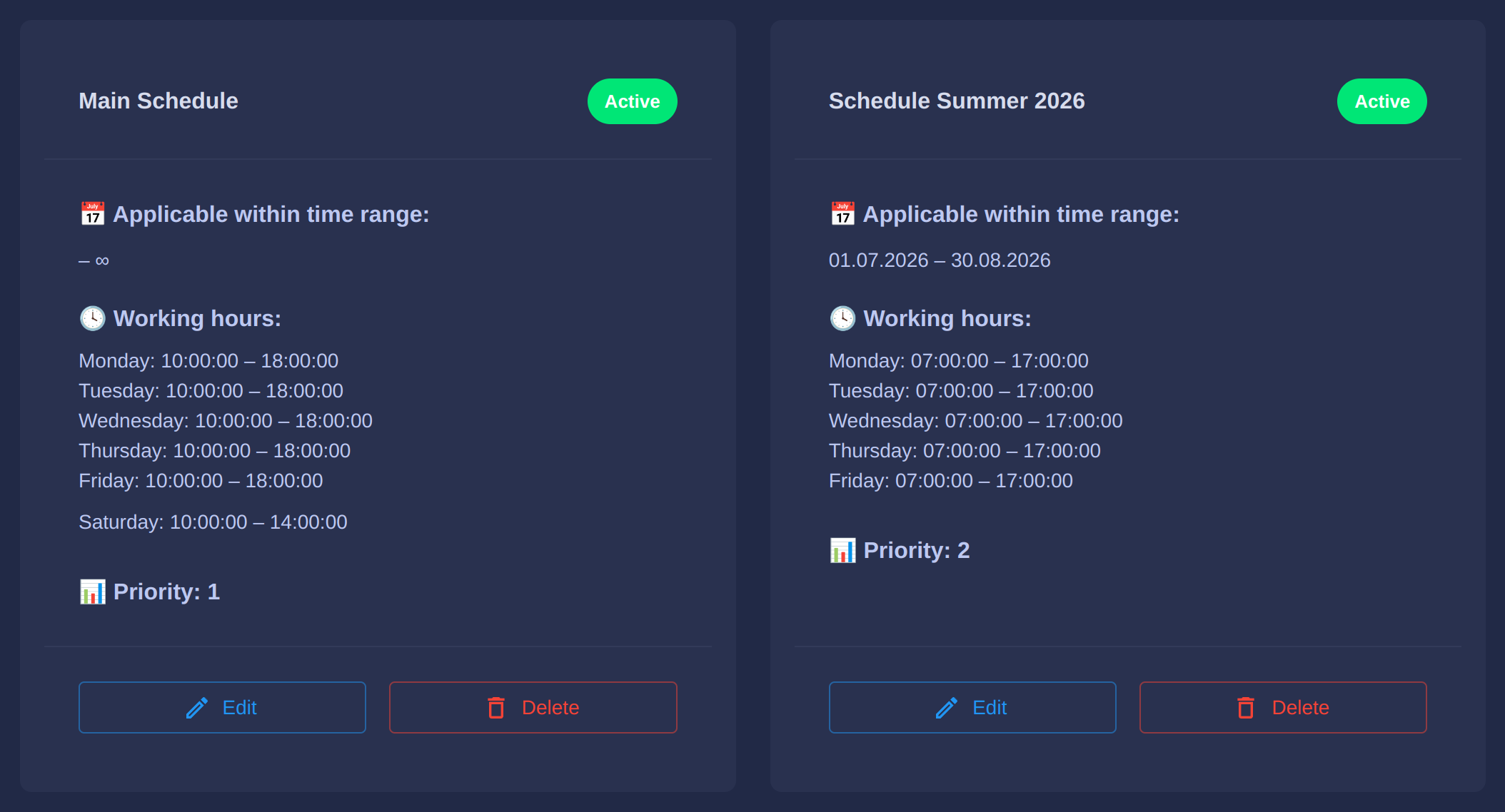 Schedule cards and opening hours