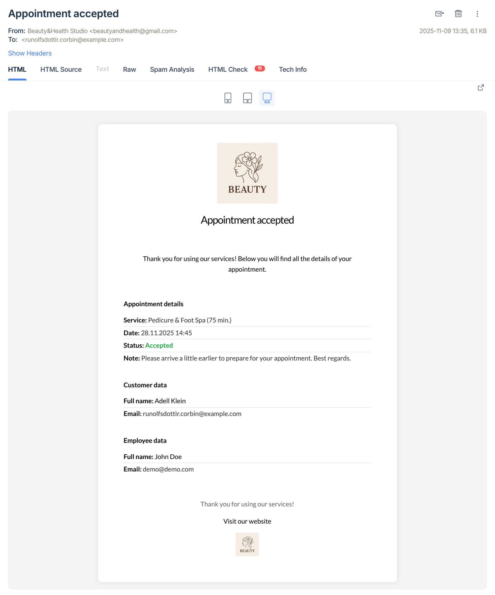 Example email sent to a client